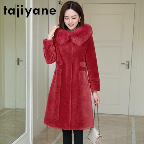 Real Coat Fur Women 100%wool Jackets Woman Natural Fox Fur Collar Hooded Jacket Female Long Coats Mujer Parkas TN767