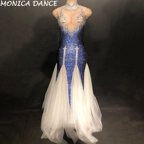 Women Sexy Stage Net Yarn Long Dress Sleeveless Sparkling Crystals 3D Printed Dress Nightclub Wedding Birthday Party Wear Dress