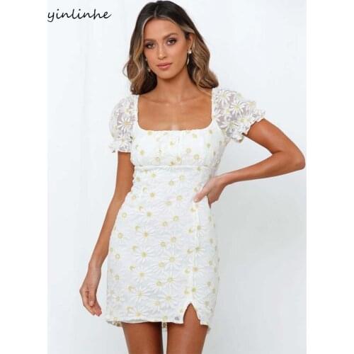 Yinlinhe Daisy Floral Embroidery Mesh Dress Women White Summer Dress Short Sleeve Vintage Bodycon Holiday Beach Vestidos 1436
