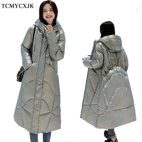 Glossy Winter Woman 2021 Snow Jacket Women Over-the-knee Padded Womens Hooded Jacket Plus Size Clothing Thick Long Jacket Women