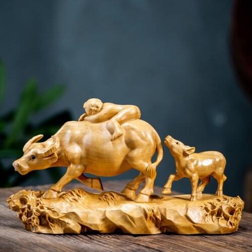 18cm Shepherd Cow Childhood Time Wood Carving Animal Wood Carving Home Decoration Chinese Feng Shui Crafts Home Decoration