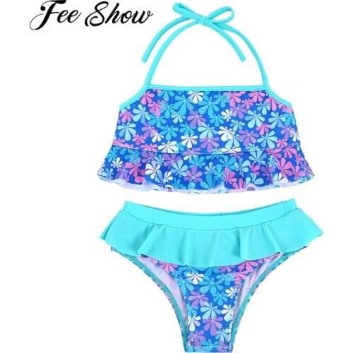 2Pcs Kids Girls Summer Floral Print Swimming Suit Halter Lace-up Ruffle Crop Tops and Briefs Set Beach Swimming Bathing Swimwear