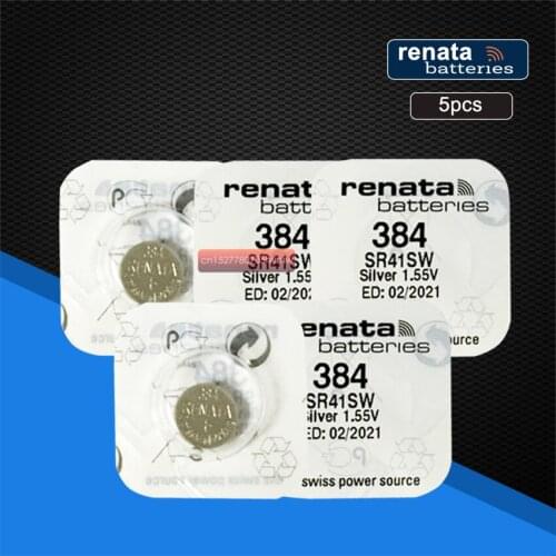 5pack Renata Swiss Battery 384 SR41SW 1.55V for Watch Silver 384 SR41SW RENATA Watch Batteries