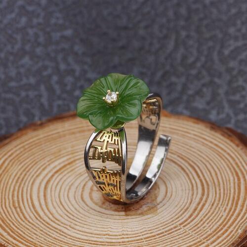 Amxiu Natural Jasper Ring 925 Sterling Silver Ring Handmade Open Ring Plum Blossom Green Rings For Women Chinese Lucky Rings