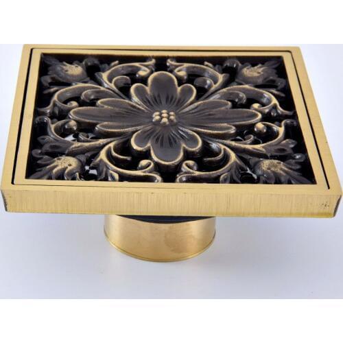 Antique Brass Vintage Carved Flower Pattern Bathroom Shower Drain 4" Square Floor Drain Waste Grates Bathroom Accessory mhr063
