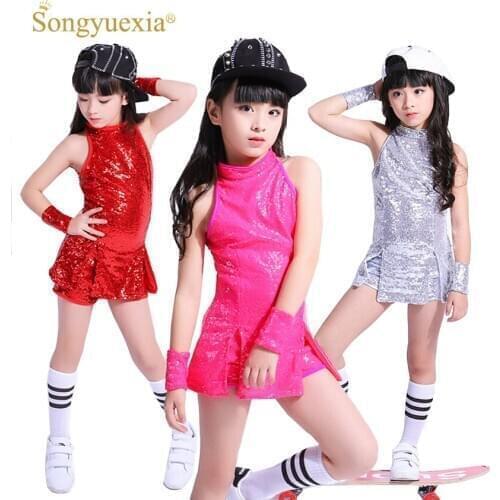 SONGYUEXIA Children stage Dancewear Kid Hip-hop Jazz Dance Suit Paillette Modern Dance Clothing Girl Cheerleading Costumes