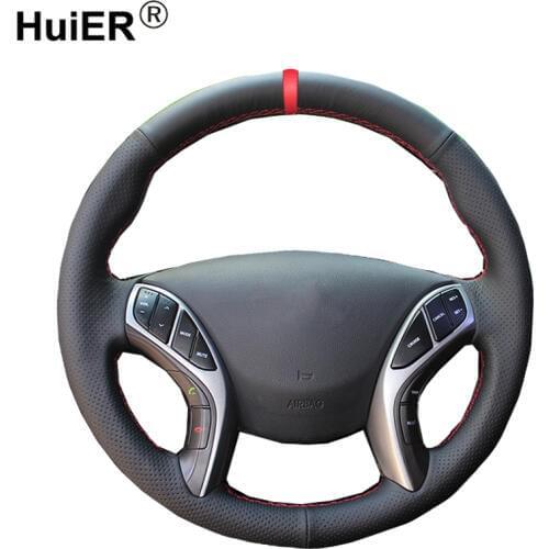 HuiER Hand Sew Car Steering Wheel Cover Red Marker Non-slip Wear-resistant For Hyundai Elantra 2011-2016 Avante i30 2012-2016
