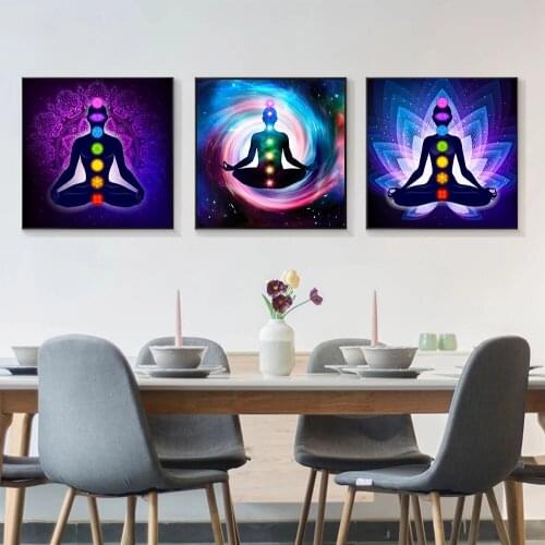Printmaking Indian Buddha Statue Meditation 7 Chakra Mandala Canvas Art Poster Psychedelic Yoga Bohemian Mural Art Decoration