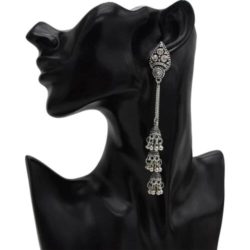 Indian Oxidized Silver Color Metal Jhumka Earrings for Women Boho Rhinestone Long Tassel Hanging Earring Gypsy pendientes Gift