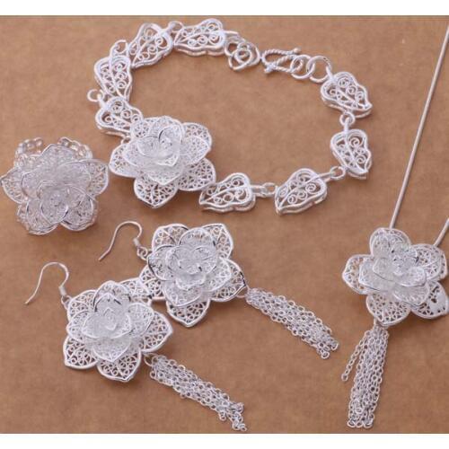AS375 Hot Silver Plated Set, 925 Stamped Jewelry Sets Bracelet 284 + Necklace 699 + Earring 588 + Ring 372 /dxhamooa Brbakiia
