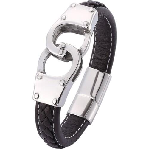 New Punk Men Brown Braided Leather Bracelet Stainless Steel Handcuffs Bracelets Magnetic Buckle Leather Bangles Male Gift PD0740
