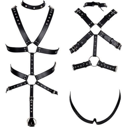 Mens Black Sexy Leather Set Vest Flirting Full Body Bondage PU Leather Harness Gay Man Underwear Tops Nightclub Rave Wear