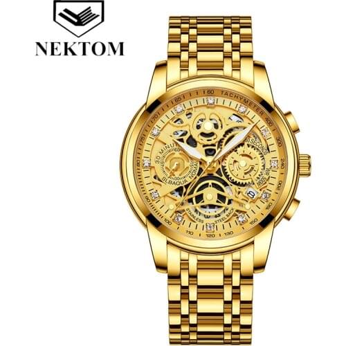 NEKTOM 8202 Luxury Mens Watches Chronograph Stainless Steel Waterproof Analog Quartz Fashion Business Wrist Watches Men Gifts