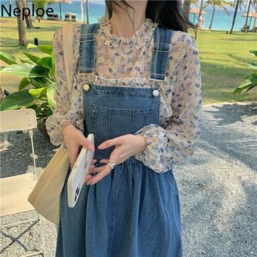 Neploe 2021 Women Clothing Denim Straps Dress Korean Fashion Casual Vestidos Mujer Chiffon Floral Tops Vintage Chic Dress 95403