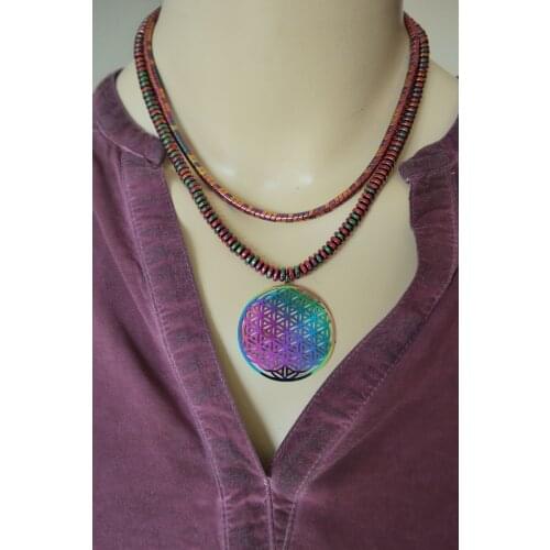 Rainbow Color Hematite Natural Stone Flower of Life Dual Kombin Necklace