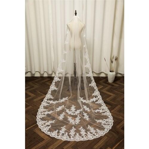 Popodion Wedding Accessories Lace Bridal Veil Chapel Trailing Veil with Hair Comb White Wedding Veil Ivory Soft Tulle ROM80270