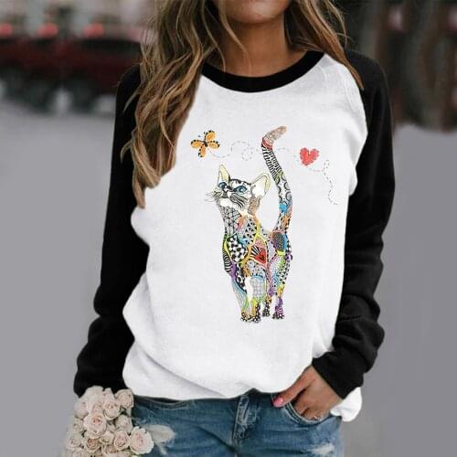 Autumn Pullover Women Long Sleeve Sweatshirt 2021 Cute Heart Cat Print Tops Tees Female Stitching Tees Loose Top Lady Blouses