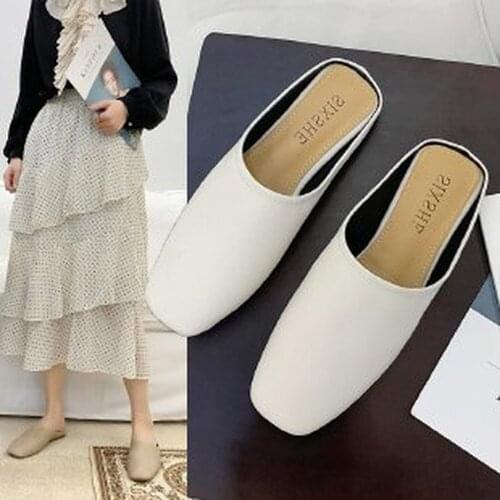 Ladies Square Toe Muller Slippers Leather Flat Heel Casual Holiday Outdoor Slippers Drag Comfortable Flat Fashion Slippers
