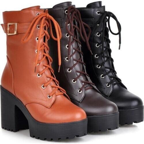 Stylish Lady Black Platform Boots Chunky High Heel Lace Up Buckle Shoes British Style Thick Bottom Lace Up Womens Boots