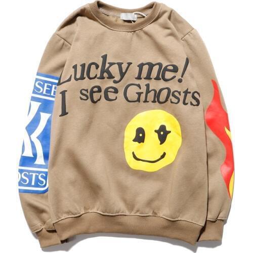 Harajuku Kanye "Lucky Me!"Smliey Pattern Sweatshirt Men and Women Hip Hop Stranger Things Fleece Hoodie Oversize Pullover Hoody