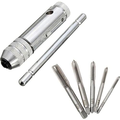 T-Handle Ratchet Tap Wrench with 5 Pcs M3-M8 Machine Screw Thread Metric Plug Tap Durable Hand Ratchet Type Tap Wrench Tools
