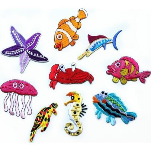 TN Sea World Animal Iron On Embroidery Patches Marine Organism Fish Jellyfish Starfish Tortoise Crab Shrimp Sticker For Clothing