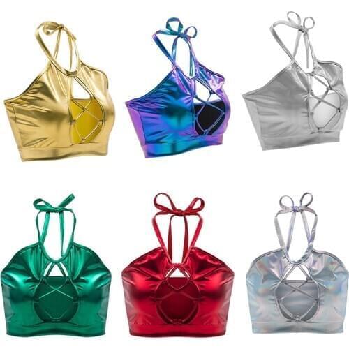 Gothic new sexy Halter Exotic Tanks Slim Fit bright imitation leather Strap Vest nightclub pole dance punk rock bandage clothing