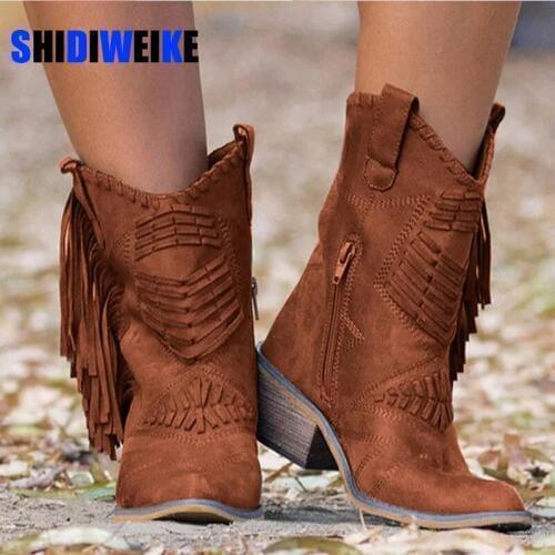Nice New Boho Flock Leather Women Boots Fringe Flat Heels Woman Med High Solid Boots Woman Tassel Botas Mujer Botte Femme AB862