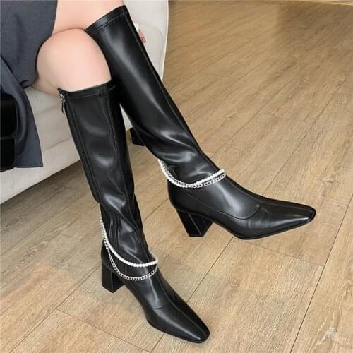 2020 Autumn Winter Suqare Toe Chunky Heels Women Long Boots Low Platform Pearl Chain Crystal Chain Decor Womens Knee High Boots