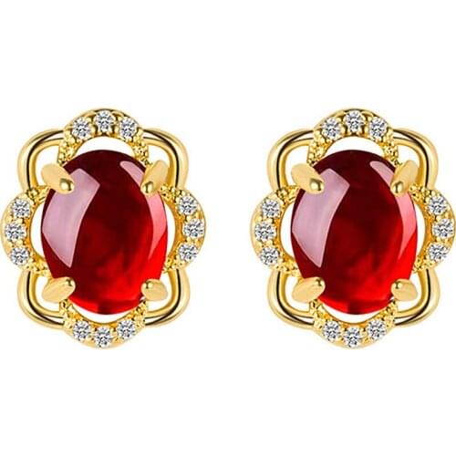 Vintage Fashion Flower Green Jade Red Agate Crystal Zircon Diamond Gemstones Stud Earrings for Women 18k Gold Color Fine Jewelry