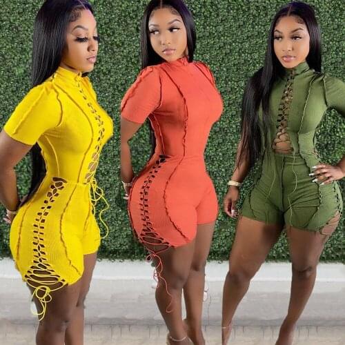 Casaul Women Solid Color Jumpsuit Short Sleeve Cross Bandage Streetwear Party Night Clubwear Short Romper Women Jumpsuit Outfit