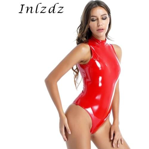 Womens Erotic Sexy Latex Leather Bodysuit Xipper Back Mock Neck High-cut Tight Jumpsuit Rave Catsuit Clubwear for Pole Dancing