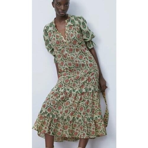 2021 New Arrival ZA Autumn Women Dress Floral Printed Dress Ladies Long Dress Half Sleeves Elegant Girl V-neck Causal Outfits