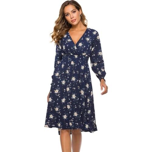 Womens Floral Print V-Neck Long-Sleeved Dress Chiffon Elegant Leisure Vacation Shopping Knee-Length Dress