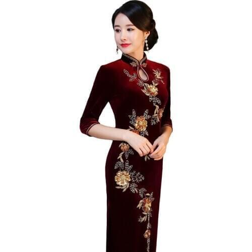 Wedding for Dress Women Qipao Chinese Traditional Dress Sequin Beaded Cheongsam Long 3/4 Sleeves for Mother of The Brides Dress