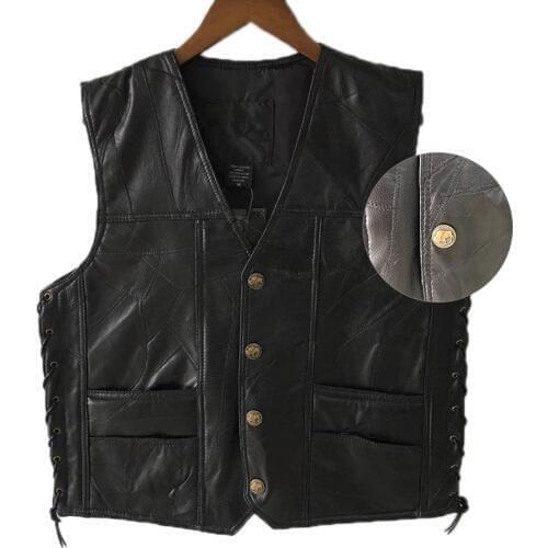 Black Imitation Leather Motorcycle Vest For Men Genuine Leather Punk Biker Vest Lace Button Autumn Sleeveless Jacket For Men