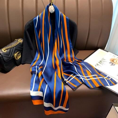 2021 Women Silk Scarf Striped Print Lady Beach Stoles Foulard Female Shawls Spring Winter Hijab Headband Scarves 40X160cm