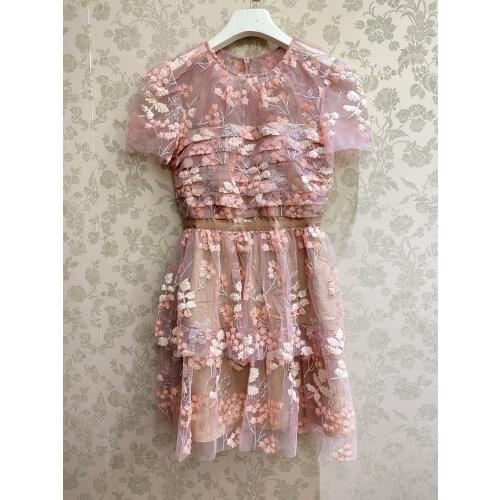 2021 Summer New Arrive Floral Sequins Women Gauze Mini Dress Short Sleeve Round Neck Pleated Lady Party Dress