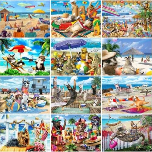 AZQSD 5D Diamond Painting Dog Full Square Diamond Embroidery Cat Animal Cross Stitch Kits Seaside Scenery Home Decor Crafts