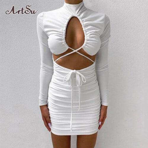 Artsu Long Sleeve Cut Out Bandage Ruched Mini Dress Women Turtleneck Autumn 2021 White Elegant Skinny Dresses Clothes Outfits