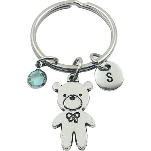 Teddy Bear Initial Letter Monogram Birthstone Keychains Keyring Creative Fashion Jewelry Women Gifts Accessories Pendant