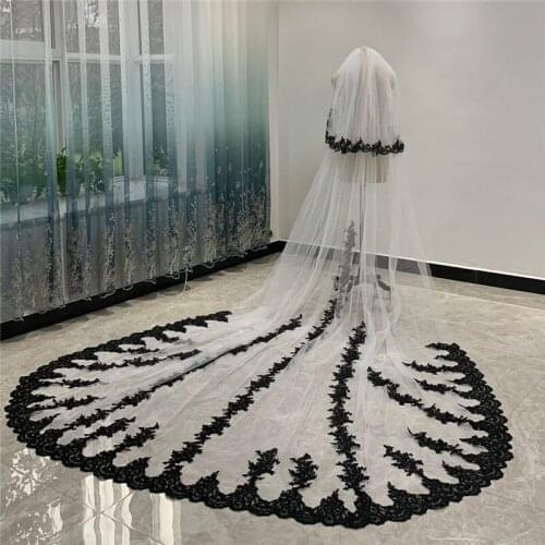 Black Two Layers Bridal Veil Lace Appliques White Ivory Tulle With Comb Cathedral Wedding Veils for Bride Luxury Velos de Novia