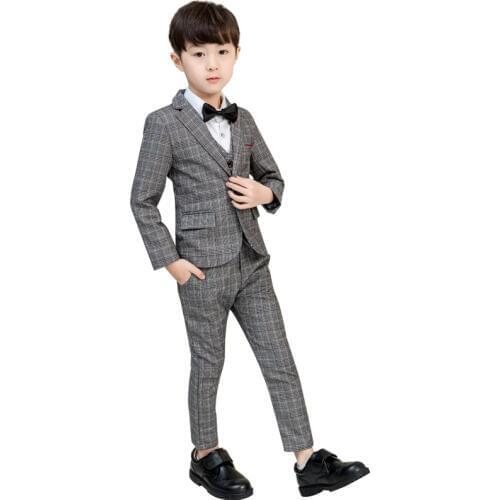 Childrens Plaid Dress Suit Sets Flower Boy Host Speech Wedding Costume Kids Tuxedo Vest Shirts Pants Bowtie Clothes Set