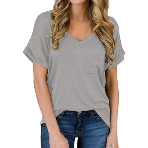 T Shirt Femme Summer Pocket Crimping V Neck Top Short-Sleeved Tee Shirt Loose Casual Solid Soft And Comfortable Women Clothing