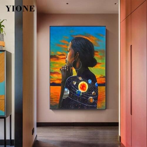 Blue Starry Sky Woman Canvas Paintings Abstract Art Galaxy Planet Girl Wolf Goldfish Poster Print Wall Pictures for Living Room