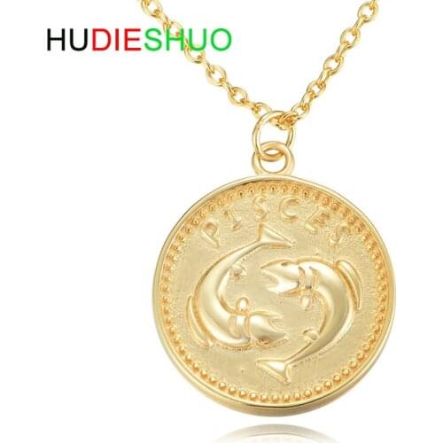 HUDIESHUO New Necklace Fashion Constellation Pendants Coin Choker 925Silver Pisces Necklace for Men & Women