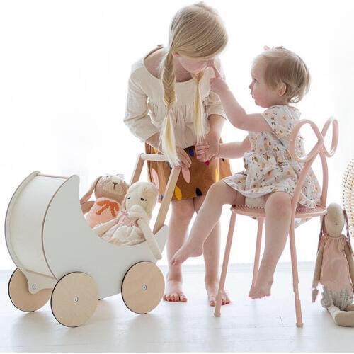 INS Style Baby Walker with 4 Wheels, Offwhite Moon Style stroller, Wooden Activity Walker for Baby, Baby Wagon, Wooden Push Toy