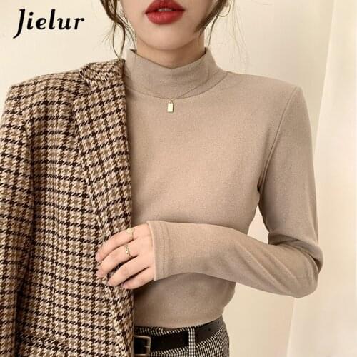 Jielur Korean Fashion Half Turtleneck T shirt Women Pure Color Bottoming Shirt Girls Basic Top Female Gray Black T shirts S-XXL