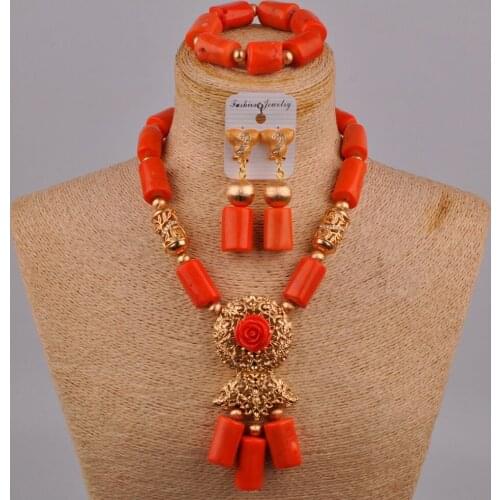 Nigeria Wedding Natural Orange Coral Beads Bridal Necklace Jewelry Set Wedding Dress Accessories Ladies Wedding Jewelry AU-219
