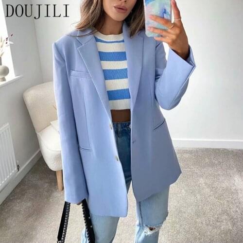 DOUJILI Fashion Ladies Blazer Coat Solid Color Long Sleeve Button Pocket Spring Autumn Suit Blazers For Women